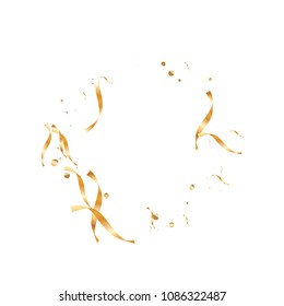 Gold ribbons confetti. Falling glitter texture. Abstract golden defocused anniversary invitation template. Yellow Wedding tinsels. Falling abstract glitter. Explosion celebrate card