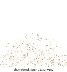Gold ribbons confetti. Falling glitter. Bokeh background. Abstract golden defocused anniversary invitation template. Wedding golden ribbons card. Flying abstract glitter. Explosion celebrate card