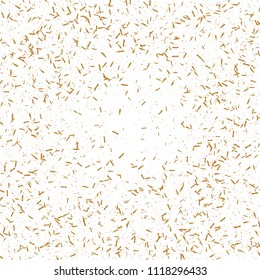 Gold ribbons confetti. Falling glitter. Bokeh texture. Abstract golden defocused anniversary invitation template. Wedding golden ribbons card. Flying abstract glitter. Explosion celebrate card