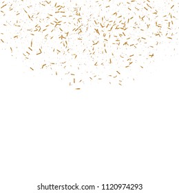 Gold ribbons confetti. Falling glitter. Bokeh background. Abstract golden defocused anniversary invitation template. Wedding golden ribbons card. Flying abstract glitter. Explosion birthday card.