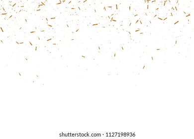 Gold ribbons confetti. Falling glitter. Bokeh background. Abstract golden defocused anniversary invitation template. Wedding golden ribbons. Falling abstract glitter. Explosion birthday card.
