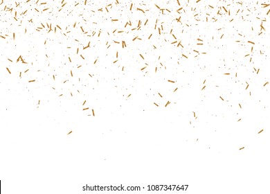 Gold ribbons confetti. Flying shiny glitter. Bokeh texture. Abstract golden defocused anniversary invitation template. Wedding golden ribbons card. Flying abstract glitter. Explosion celebrate card