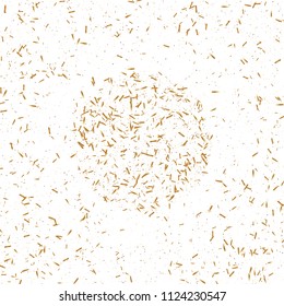 Gold ribbons confetti. Flying shiny glitter. Bokeh texture. Abstract golden defocused anniversary invitation template. Wedding golden tinsels. Falling abstract glitter. Explosion celebrate card