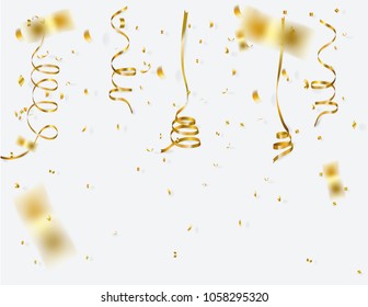 gold ribbons  and confetti on white background