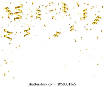 gold ribbons and confetti on white background