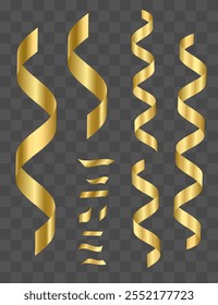 Gold ribbons of different lengths and bends, tinsel. A set of gold ribbons and confetti of realistic 3d shape. Festive vector serpentine with for decorating postcards, invitations.