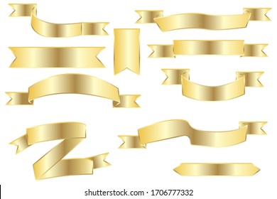 Gold ribbons of different shapes on a white background. Vector illustration. Stock drawing.