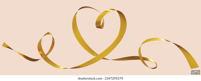 Gold ribbons heart isolated on beige background. Continuous ribbon line art drawing. Element for Valentine's day, mother's day wedding and print. 3D vector illustration.