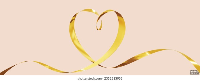 Gold ribbons heart isolated on beige background. Continuous ribbon line art drawing. Element for Valentine's day, mother's day wedding and print. 3D vector illustration.