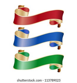 Gold ribbons with red, blue and green surface. Design element. Grouped for easy editing.