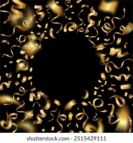 Gold ribbons serpentine confetti background with empty space inside. Glowing confetti frame, border, banner design for holiday design. Abstract Background, Border, Celebrate presentation. Vector 