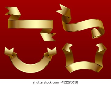 Gold ribbons set isolated on dark red background. Vector illustration