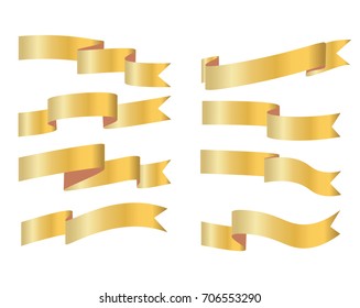 Gold ribbons or waving flags and festive banners. 3D wavy bands and tapes with golden color gradient for greeting card, celebration ceremony or congratulation design. Vector isolated illustration set