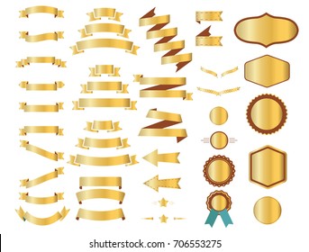 Gold ribbons, waving flags or golden banners templates of star, heraldic laurel wreath or arrow and badge label frame. Isolated 3D gradient color design elements. Vector white background illustration