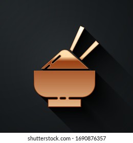 Gold Rice in a bowl with chopstick icon isolated on black background. Traditional Asian food. Long shadow style. Vector Illustration