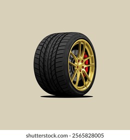 Gold rim, black tire, car wheel.