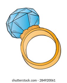 gold ring with big blue cut stone, isolated