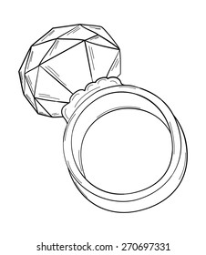 gold ring with big cut stone, sketch, isolated
