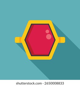 Gold ring with big red hexagon stone shining brightly on blue background