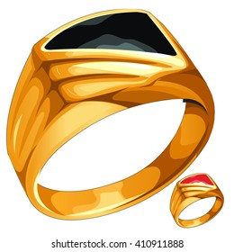 Gold ring with black and red insert. Vector illustration.