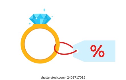 Anillo de oro con gema azul y etiqueta de precio de cartón. Descuento. Ilustración del vector