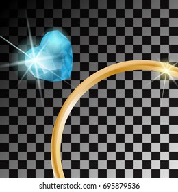Gold ring with blue heart gemstone on transparent background. Vector illustration.