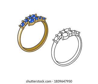 Gold ring with blue stones. Linear drawing on a white background. 