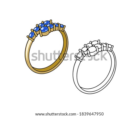 Gold ring with blue stones. Linear drawing on a white background. 