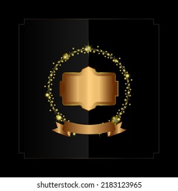 A gold ring bokeh surrounds a gold message label placed in a gray-black square frame. Gold Ribbon Below Blank For Text Black Background Vector