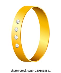Gold ring with brilliant diamonds. Elegant golden decoration element on white isolated background.