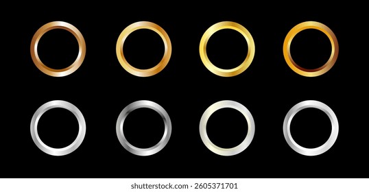 Gold ring design on black and white backgrounds. Collection of gold and silver rings.