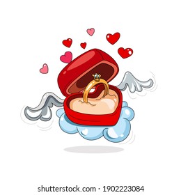 Gold ring with diamond in a luxurious heart-shaped box. Vector illustration of Valentine's Day gift. Cartoon drawing of a luxury ring in a heart-shaped box on a cloud.