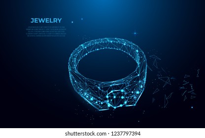 Gold ring with a diamond from particles, lines and triangles on blue background. Polygonal wireframe silhouette of  jewelry. Wedding ring as a symbol of love and loyalty. Mesh art, poly low.  