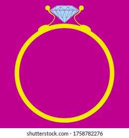 Золотое кольцо с бриллиантом. Gold ring with a diamond. Vector drawing in a flat style. Background isolated, burgundy color.