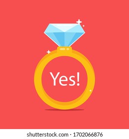 Gold Ring With A Diamond. Wedding Proposal. Flat Vector Illustration.