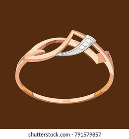 
Gold ring with diamonds and platinum insert isolated on a brown background