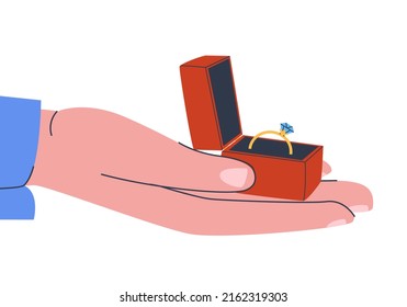 Anillo de oro con diamantes en una caja de regalo roja. Sorpresa con una propuesta de matrimonio. Ilustración plana. Eps10