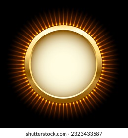 Gold ring with flash rays and sparks vector illustration. Realistic 3D circle shiny golden frame with edges and fiery flare, white plate with gold frame and star dust glow on black background.