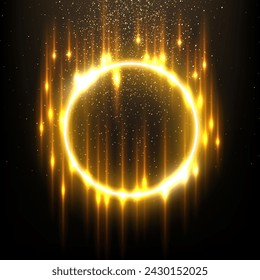 Gold ring with flash rays and sparks vector illustration. Realistic 3D circle shiny golden frame with edges and fiery flare, circular precious jewelry and abstract star dust glow on black background.