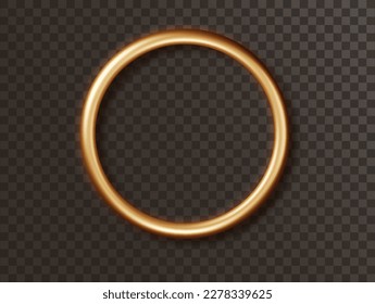 Gold ring frame. Gold metal banner with luxury round shape with an empty space inside and shadows isolated dark background.