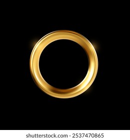 Gold ring frame vector illustration. Round golden sparkling border isolated on black background. Golden circular blank space. 3d realistic modern circle template, bronze ring.