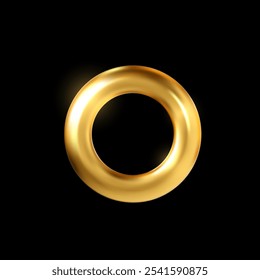 Ilustración vectorial de marco de anillo de oro. Forma de toro o dona. Borde grueso brillante dorado redondo aislado en fondo negro. Espacio en blanco circular dorado. Plantilla de círculo de bronce realista 3D