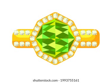 Gold ring with green emerald gemstone on white background