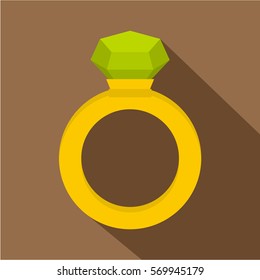 Gold ring with green gem icon. Flat illustration of gold ring with green gem vector icon for web on coffee background