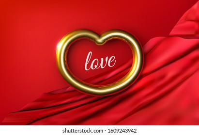 Gold ring heart isolated red draped silky cloth horizontal background. Vector 3d illustration. Glossy fabric. Love, romantic symbol. Realistic decoration element wedding, festive card design. EPS10