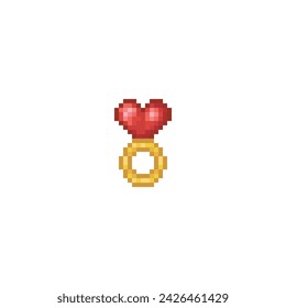 Gold ring with heart-shaped gem, pixel art