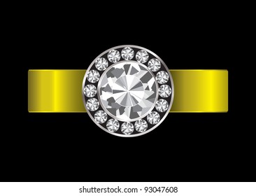 Gold ring inset with white clear diamonds and golden band