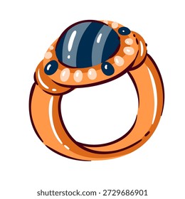 Anel de ouro com grandes joias de pedra. Anel de banda espessa com pedra preciosa oval cabochon, superfície de metal brilhante, curvas suaves. Acessório de joias de declaração, detalhes de moda, ilustração de vetor de desenhos animados.