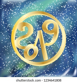 Gold ring with number 2019 on a bright background with stars. New years eve. Vector illustration.
