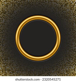 Goldener Ring auf goldener abstrakter, glitzernder, schwarzer Hintergrund, Vektorgrafik. 3D-realistischer Glossy-Circle-Rahmen und luxuriöse glänzende Textur in der Nähe der Grenze, rundes Metall-Runddekor.